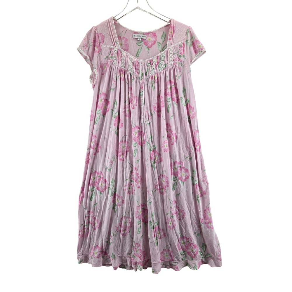 Eileen West Pink Floral Modal Lace Trim Nightgown Short Sleeve M Cottagecore